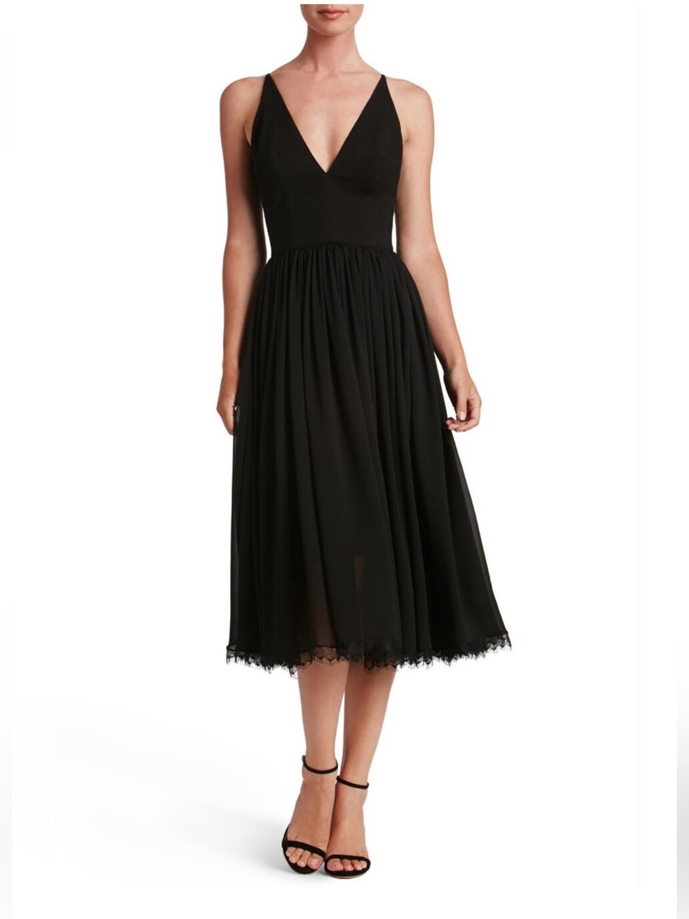 Dress the Population Alicia Dress Black Chiffon Midi Twirl V-Neck Size S - Picture 4 of 15